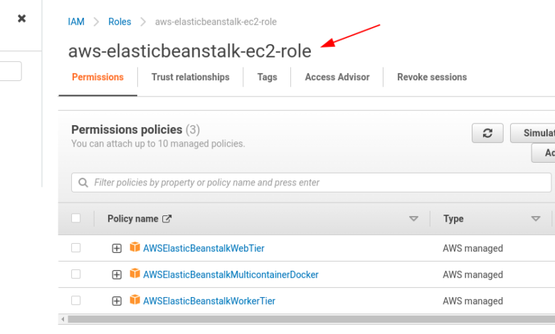 the instance profile aws-elasticbeanstalk-ec2-role associated with the environment does not exist.