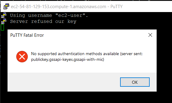 no supported authentication methods available (server sent publickey gssapi-keyex gssapi-with-mic)